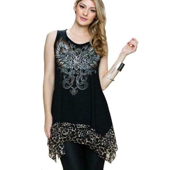 Vocal Tops - NEW VOCAL fleur-de-lis animal print LEOPARD LACE TANK TOP TUNIC BLK SM-XL
